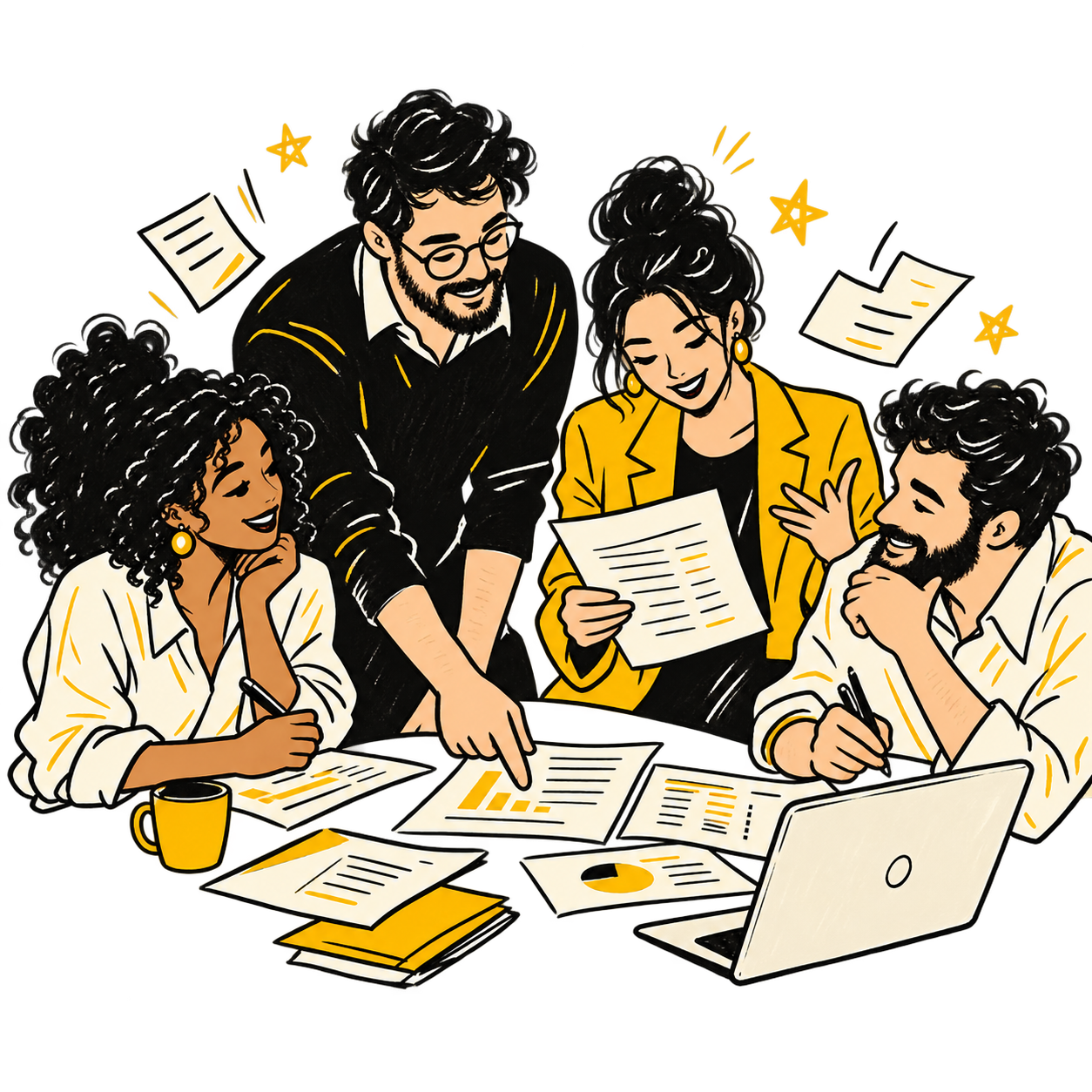 Equipo de OV colaborando en la organización de documentos y cuentas